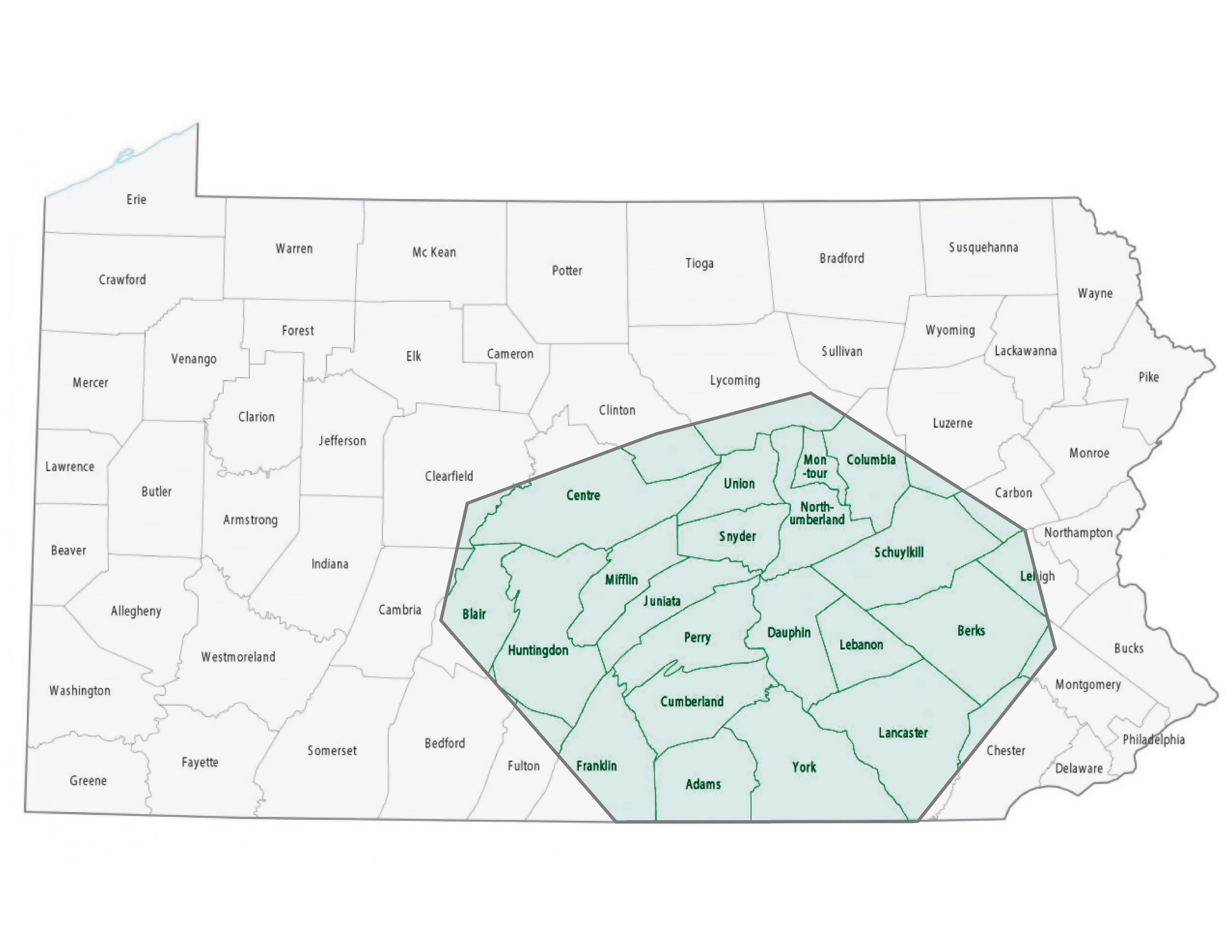 Map showing our service coverage area in and around Upper Lancaster County, including surrounding towns and regions
